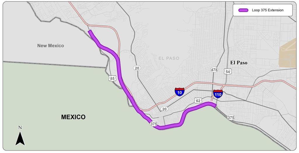 Project Scope Design, construct & maintain 9-mile extension of Loop 375 Two lanes each direction, the majority of which are on elevated structure Toll road on new alignment (refined length of ~6
