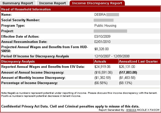 Discrepancy Report tab or Income Discrepancy Report. See sample screen shot below. E.