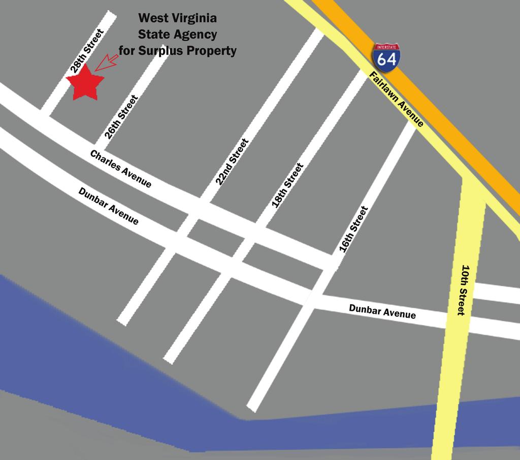 Surplus Property Warehouse Location DIRECTIONS: Exit I-64 at Dunbar/Roxalana Road, turn right on Roxalana Road then turn onto WV-25 West. At 16th Street, turn left.