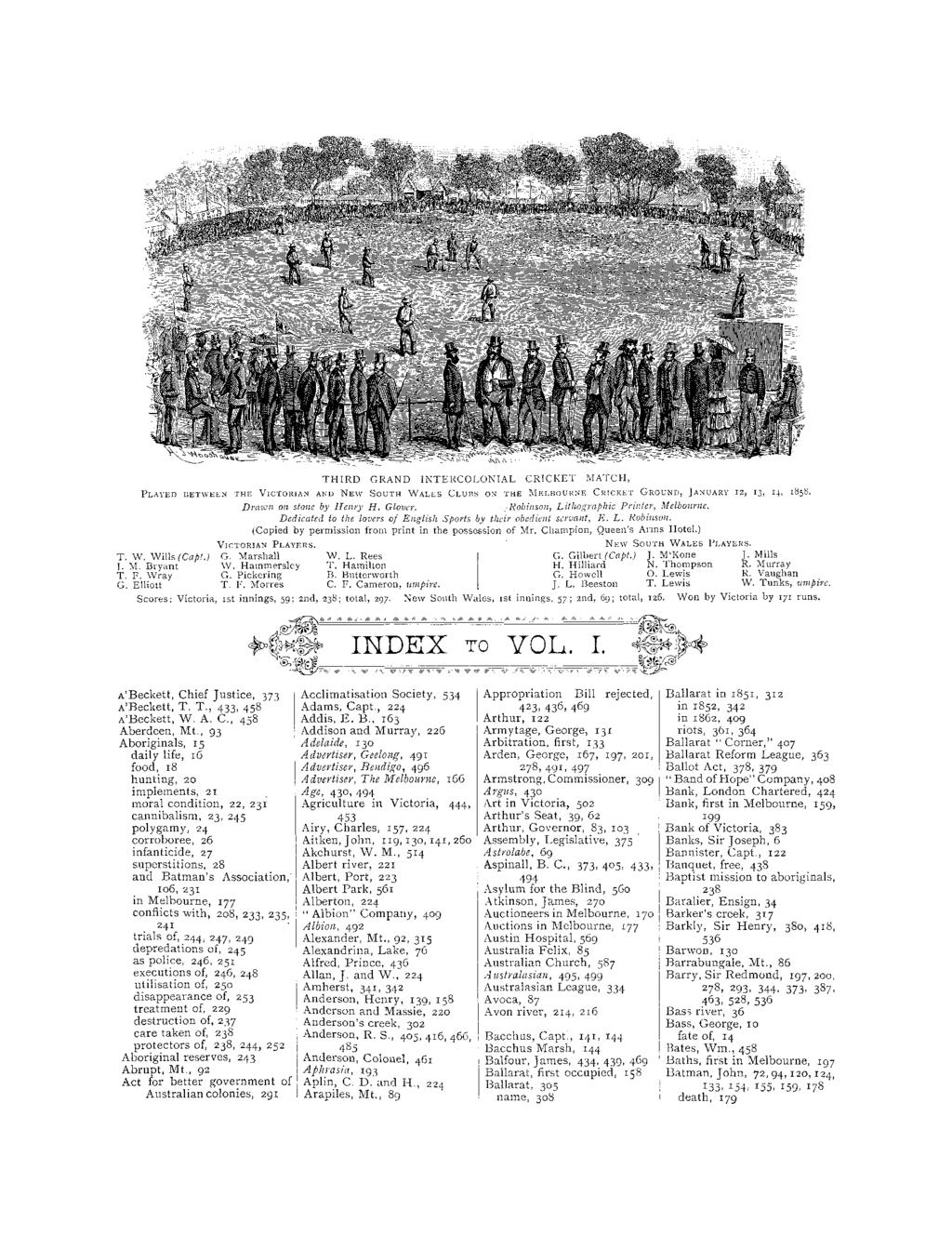 THIRD GRAND INTERCOLONIAL CRICKET MATCH, PLAYED BETWEEN THE VICTORIAN AND NEW SOUTH WALES CLUBS ON THE MELBOURNE CRICKET GROUND, JANUARY 52, 13, I, 1858. Drawn on stone by Henry H. Glover.
