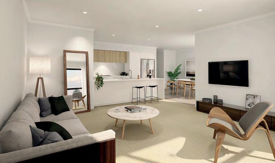 HOME SWEET ARCADIA TOWNHOUSES / INCLUSIONS home Artist Impressions: Chelsea's open-plan living area and a typical TownLiving bathroom.