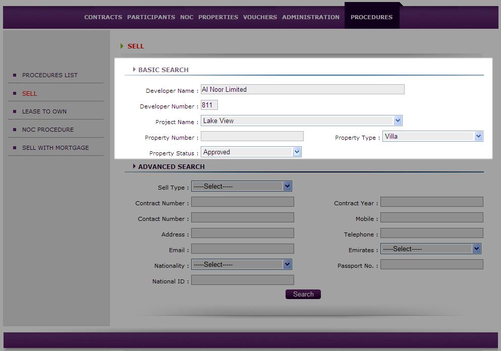 Search for Property The first step before performing any procedure is to search for a property. Click on Procedures and then click on the procedure link you want to perform from the sub menu.
