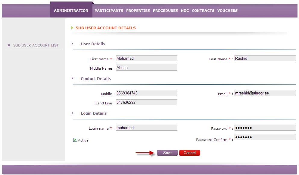 5. Select the check box Active if you want to activate the user once created. 6.