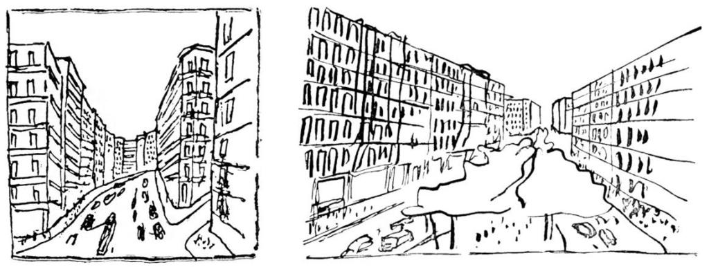 In the scenario which Le Corbusier proposes, as depicted in the fourth drawing, buildings are made independent of the street and the park becomes continuous.