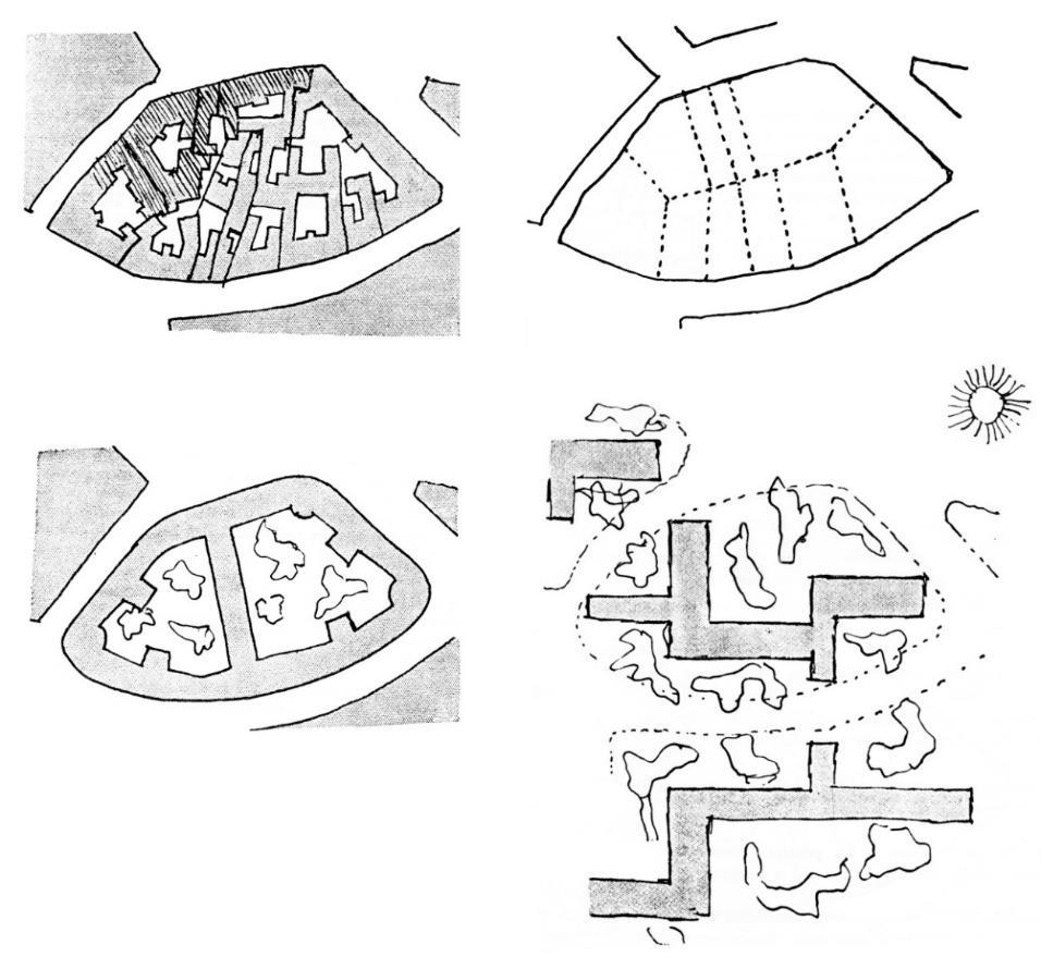 Fig. 6. A process of urban renewal in four stages (Le Corbusier 1946a: 84 86).