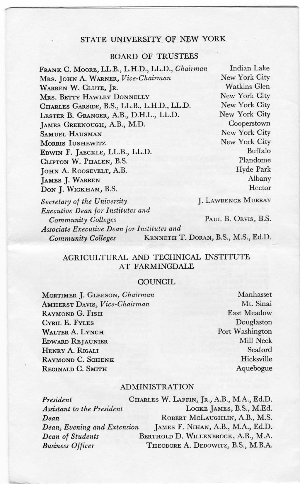 STATE UNIVERSITY OF NEW YORK BOARD OF TRUSTEES FRANK C. MOORE, LL.B., L.H.D., LL.D., Chairman MRS. JOHN A. WARNER., Vice-Chairman WARREN W. CLUTE, JR. MRS. BETTY HAWLEY DONNELLY CHARLES GARSIDE, B.S., LL.B., L.H.D., LL.D. LESTER B.