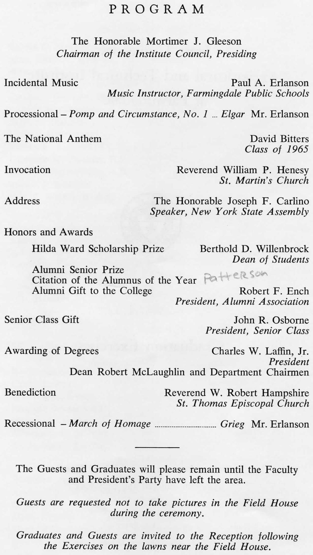PROGRAM The Honorable Mortimer J. Gleeson Chairman of the Institute Council, Presiding Incidental Music Paul A.