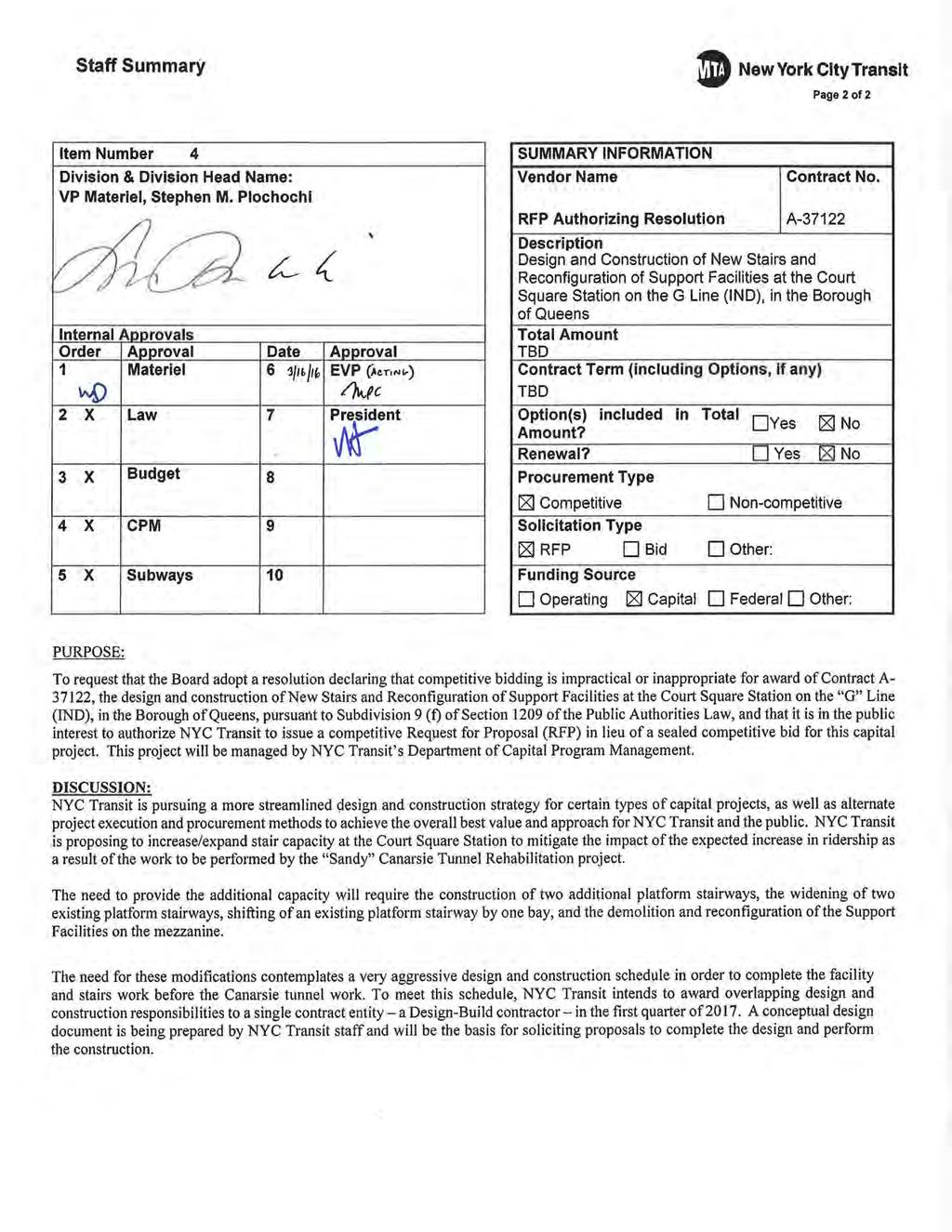 Staff Summary 8 NewYorkCltyTranslt Page 2 of 2 Item Number 4 Division & Division Head Name: VP Materiel, Stephen M.
