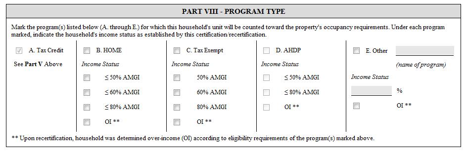 Part VIII Program Type Mark the program(s) for which this household s unit will be counted toward the property s occupancy requirements.
