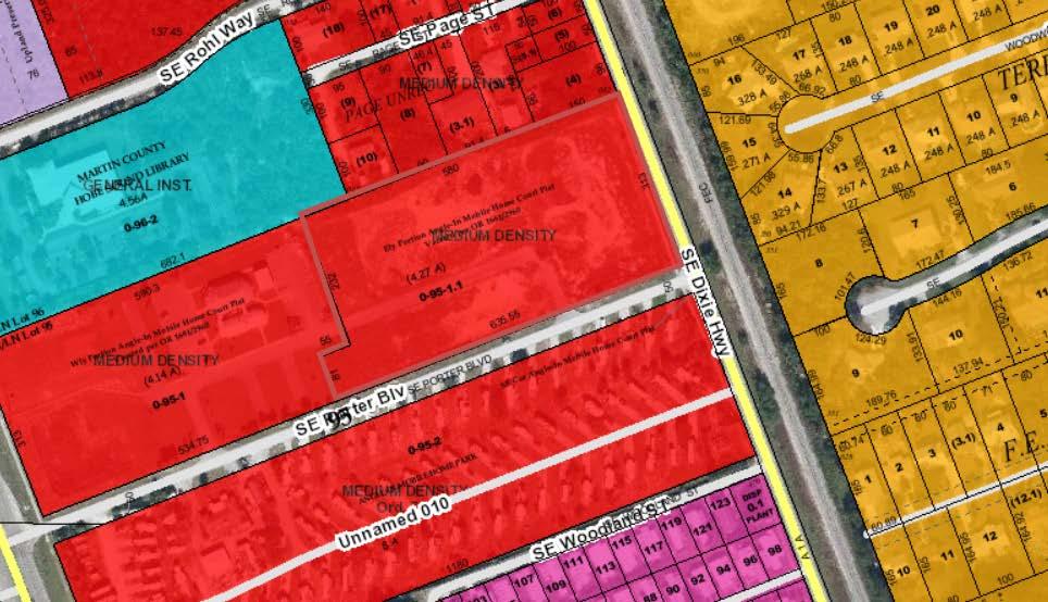 Land Use Map Excerpt Adjacent Future land use designations: North: General Institutional, Medium Density East: SE Dixie Hwy right-of-way, FEC railway, Low Density South: SE orter Blvd right-of-way,