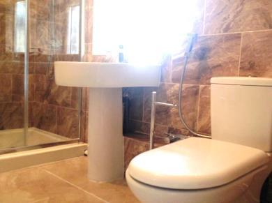 area giving focus to the shower, the flooring of the bathroom is tiled with