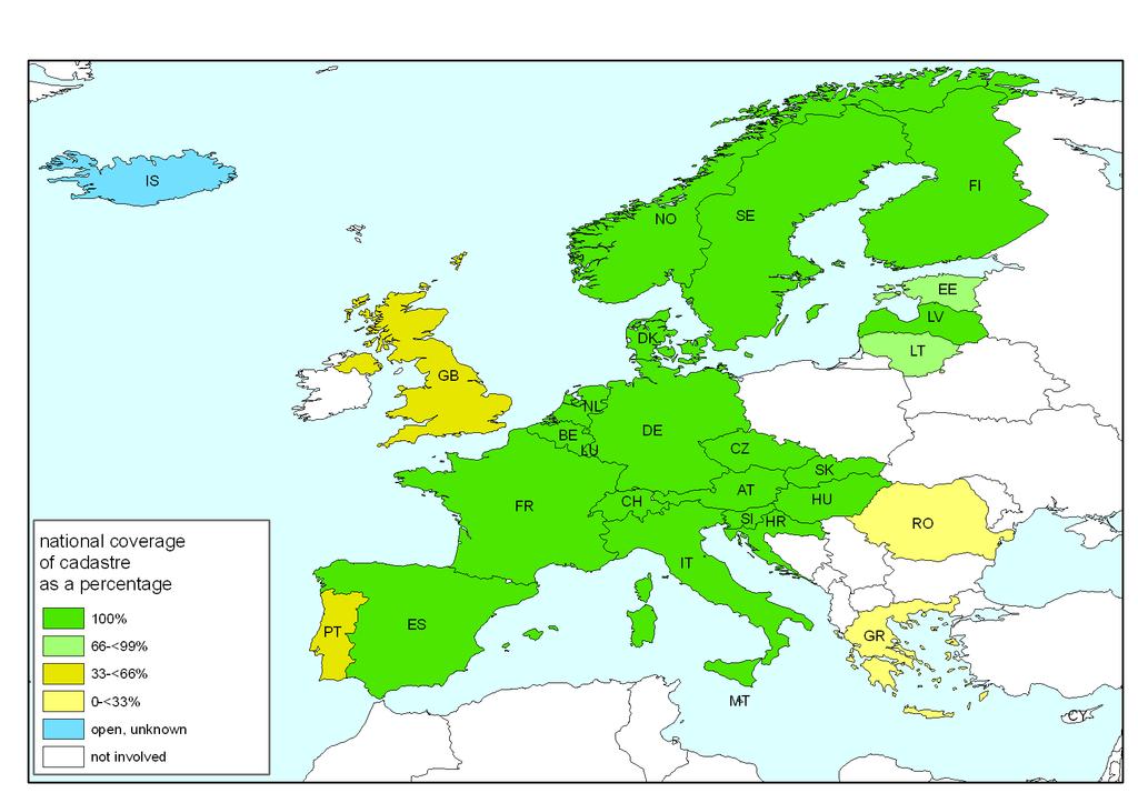 Fig. 1: National coverage of the cadastre (from (EuroGeographics and PCC, 2007)).