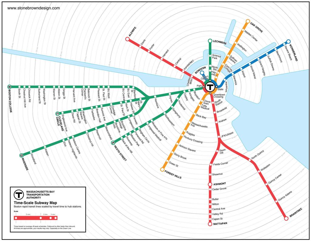 APPENDIX Appendix A Time-Scale Subway Map The transit map by Stone Brown Design shows the distance between stops scaled to the time it takes to travel between them.