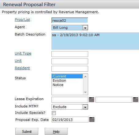 140 Chapter 6: Lease Renewals Renewal Proposal Filter Reference (with Revenue Management) You must complete the Proposal Exp. Date field.