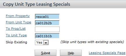 194 Chapter 10: Unit Pricing Copy Unit-Type Leasing Specials Screen Reference From Property From Unit Type To Prop/List To Unit Type Skip Existing Property that is associated with the unit type.