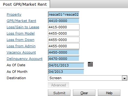 244 Chapter 12: Gross Potential Rent Post GPR/Market Rent Screen Reference For information about which accounts to use, contact your system administrator.