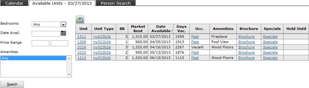 32 Chapter 2: Community Manager Dashboard Viewing Leased Units If you want to view leased units, click the number next to Leased Units. The Leased Units [Today s Date] tab appears.