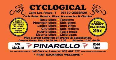 36 The CBPG Magazine 19th October - 15th November 2017 Issue 12 The Costa Blanca Property & Business Guide CYCLOGICAL October 17 by Gary and Lynn from Cyclogical in Quesada UNIBIKE 2017 - THE SPANISH