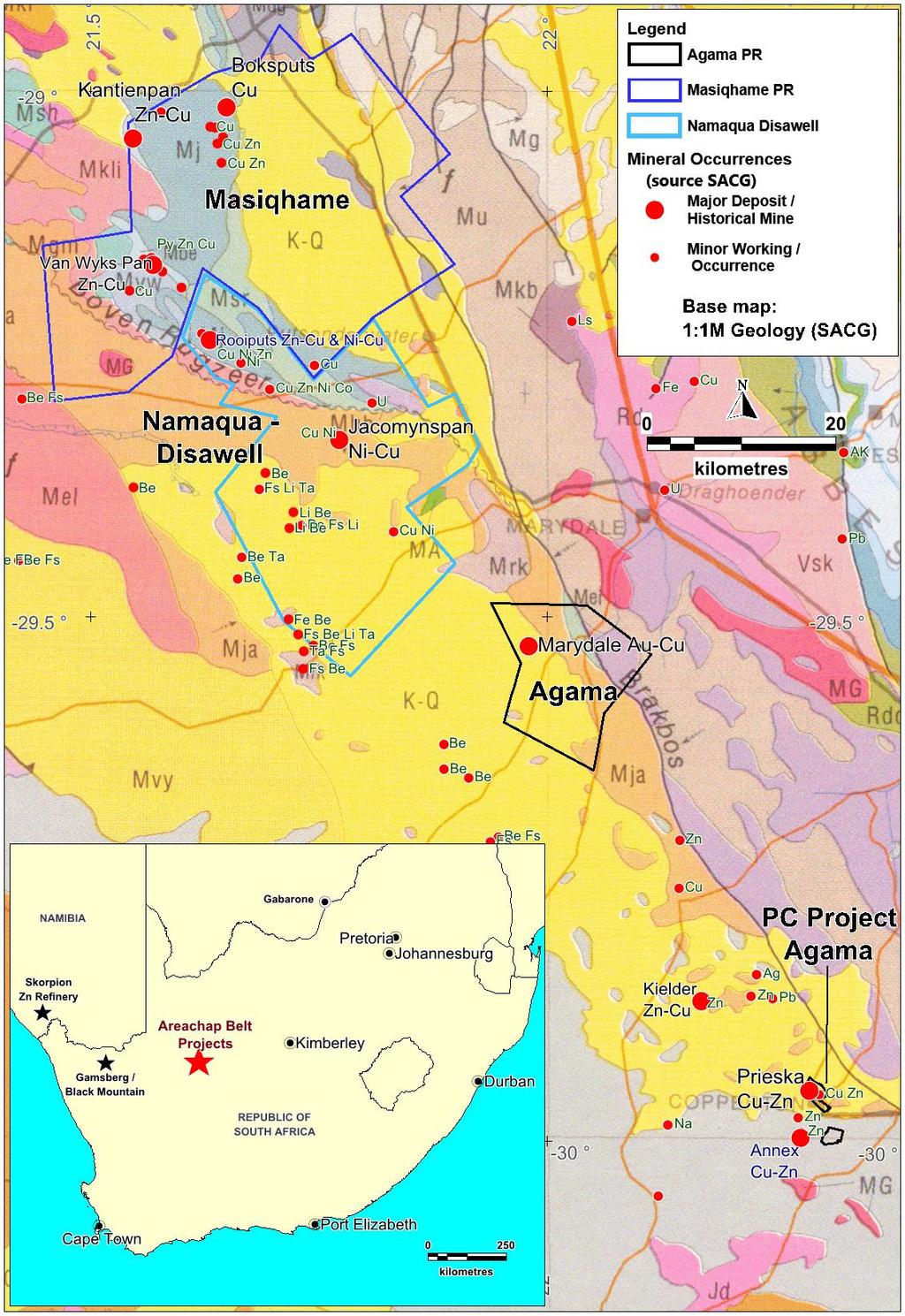 Figure 2: Regional geology map of the Areachap Belt showing prospecting rights currently under option