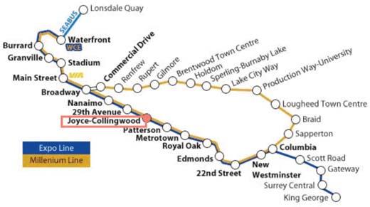 FIGURE 3 Joyce Collingwood is the eighth station from downtown Vancouver on the Expo Line. Source: Adapted from map provided by Translink.