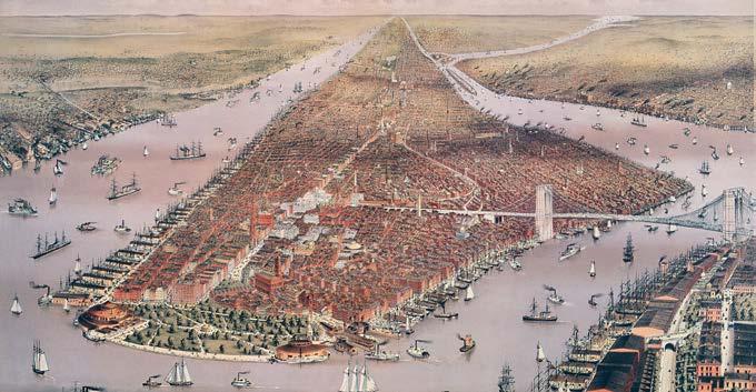 An 1884 illustration of Lower Manhattan Island shows how little of the city s structure and skyline was developed at the time. Growing the Big Apple New York City wasn t always a towering metropolis.
