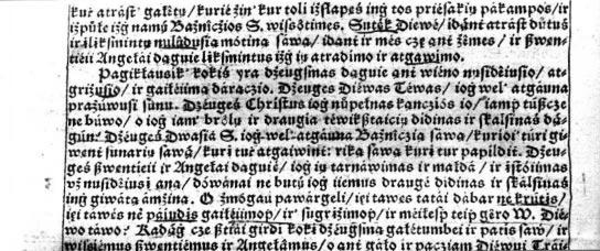 1 pav. DP 282: fragmentas su ΩodΩiais draugia téwikstaici ; VUB, sign.: L R 1619, buv. Telßi bernardin vienuolyno egz. Fot.