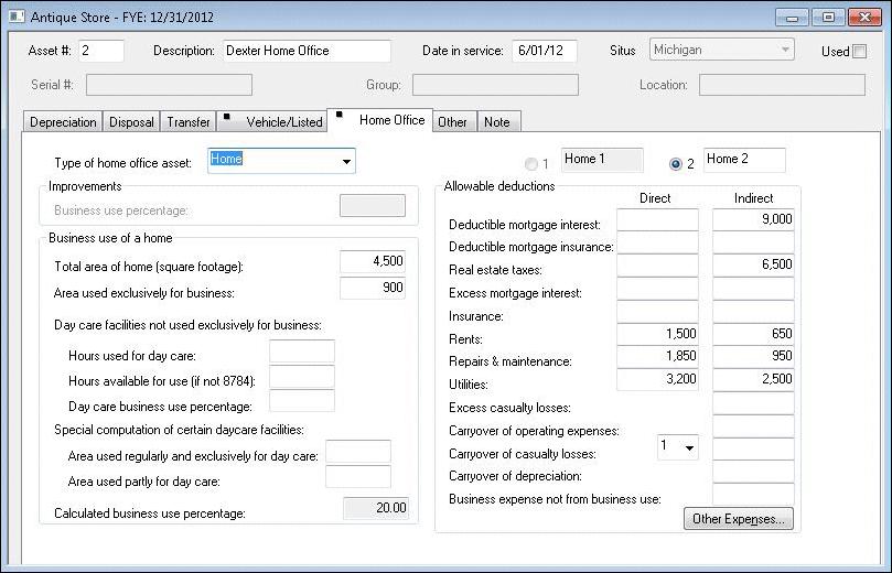 Figure 4: Use the Home Office tab to enter home office information for the second home, such as square footage, expenses, and carryovers. 9.