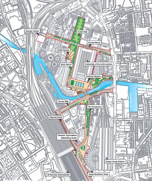 The project includes green space, waterways, education and cultural outlets University of the Arts London is on site 25 hectares of open space Regent s canal Ownership: King