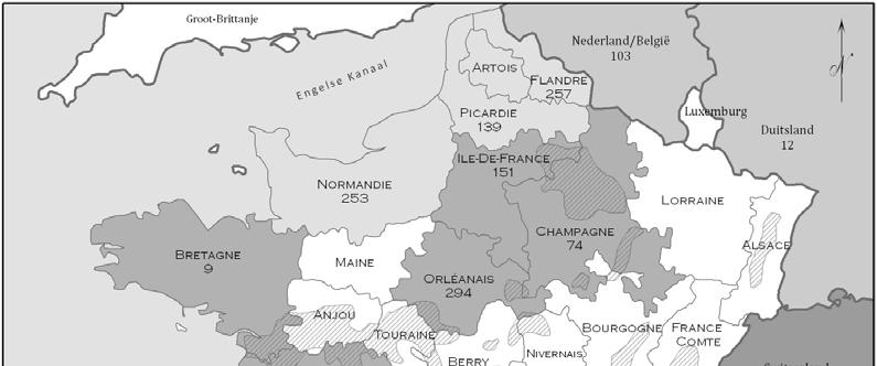 340 Figuur 2: Hugenote se afkoms per provinsie. Syfers verteenwoordig die totale aantal Kaapse houshoudings met n manlike stamvader afkomstig vanaf onderskeie Franse streke.