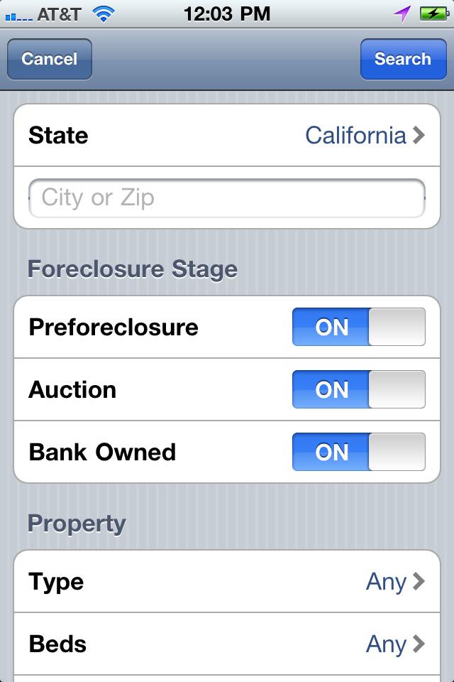 Now that we ve covered the basics of finding Nearby Foreclosures, lets look at doing a more specific search in another area. You can go back to the main screen by tapping the Menu button.