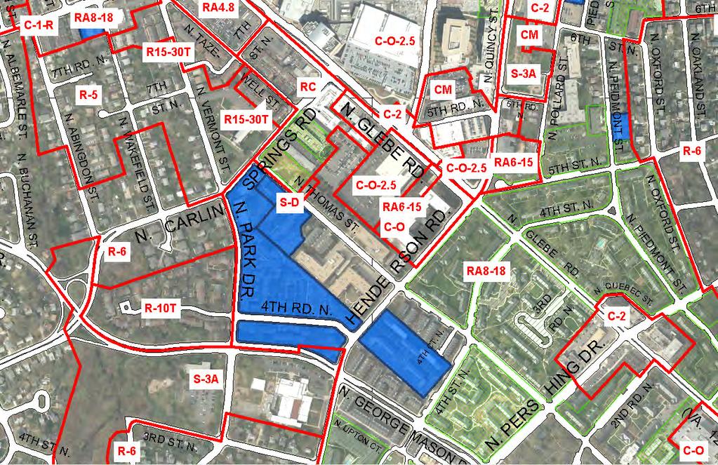 Commercial zoning districts occur along North Glebe Road, closer to central Ballston.