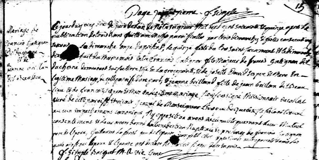 Marriage of Jeanne Brillant dite Beaulieu and François Gatignon 5. Marie Angélique Brillant dite Beaulieu was born 15 March 1761 in Detroit [Denissen, Vol. I, p. 178].