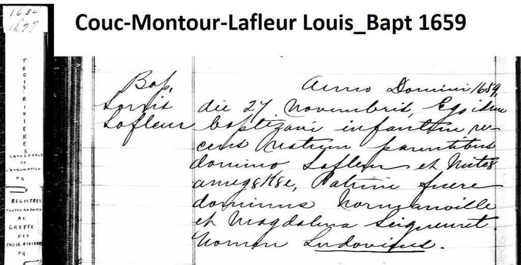 2- Louis Couc-Montour was born on 27 Nov 1659 in Trois-Rivières, Qc (Voyageur). He was murdered on his way to Albany, NY, USA in 1709. He married (1) Madeleine Sacokie (Indian) in 1681.