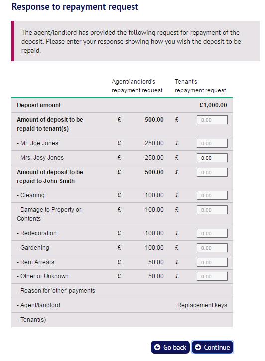 Where the tenant indicates that they do wish to use the scheme s dispute resolution mechanism they will be able to give their response to the agent/landlord s repayment request, showing what it is