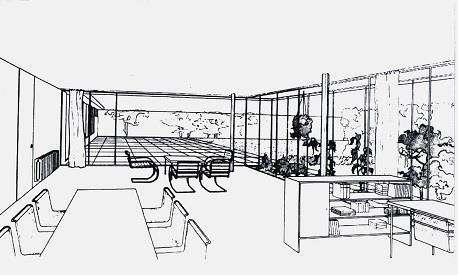 House B, perspective inside view of dining and