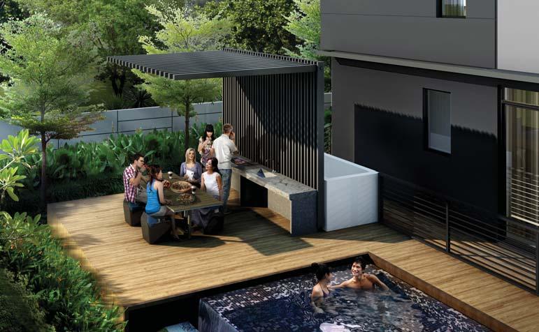 A garden with amenities such as a swimming pool and pavilion where you can unwind