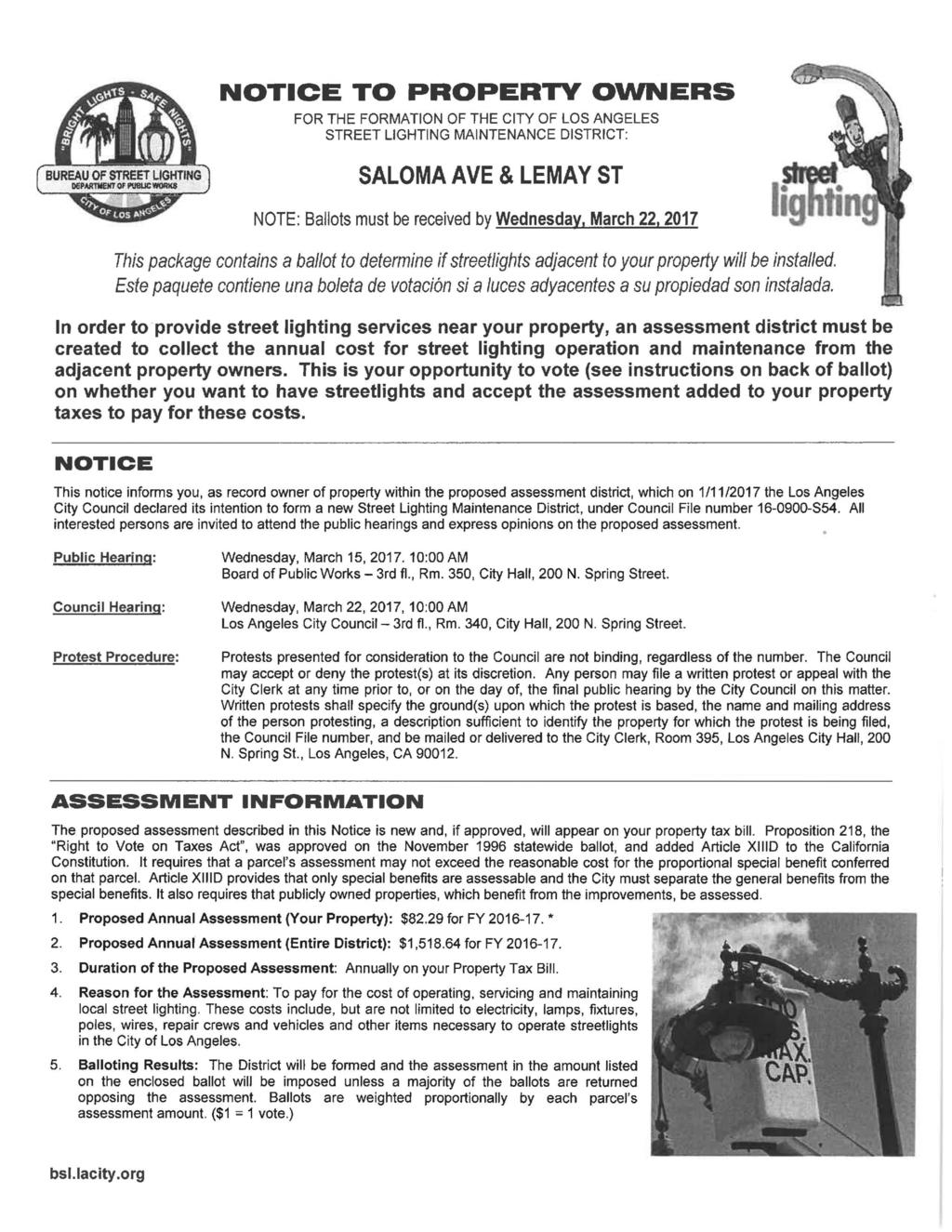 NOTICE TO PROPERTY OWNERS *1 FOR THE FORMATION OF THE CITY OF LOS ANGELES STREET LIGHTING MAINTENANCE DISTRICT: 1 BUREAU OF STREET LIGHTING DEPART!