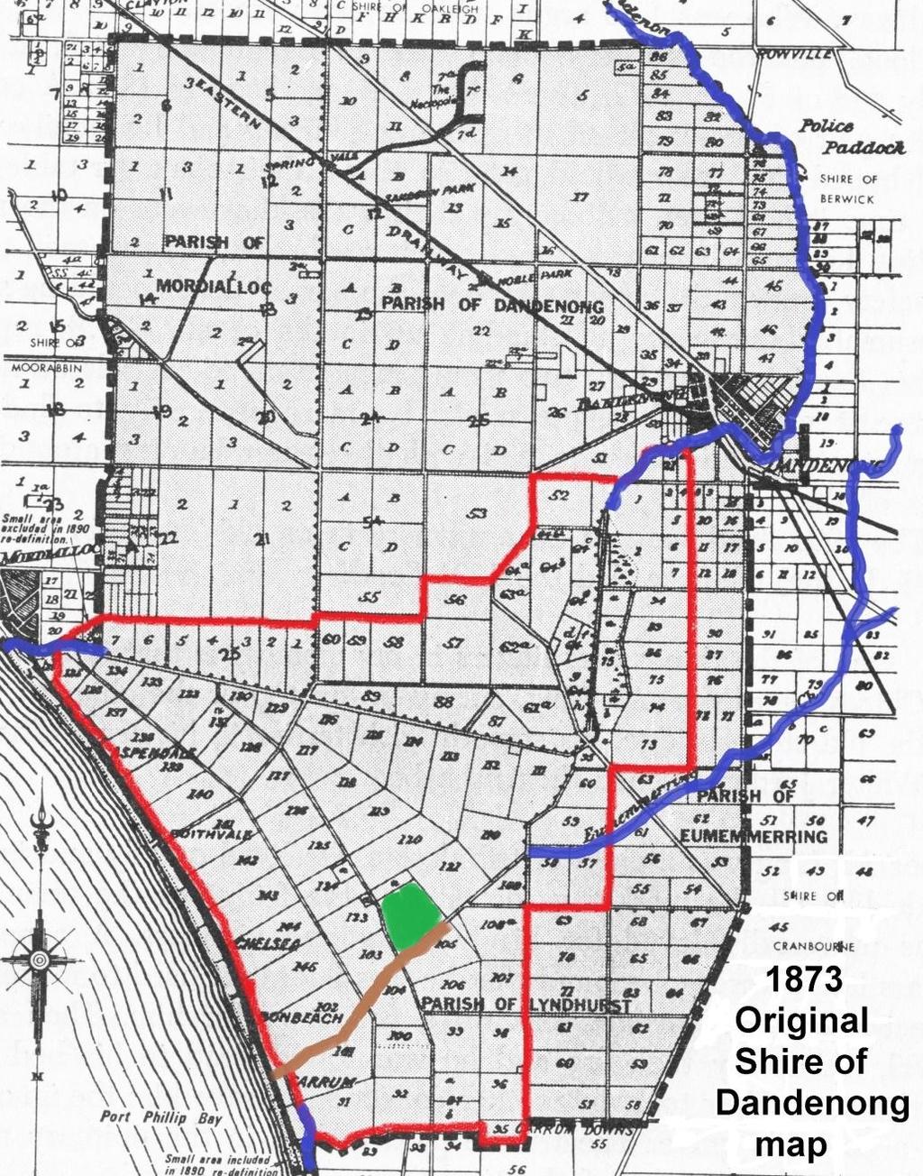 Map section 1873 Original Shire of Dandenong map Added Features Red Boundary of the Carrum Swamp irrigation area Blue From top: Dandenong Creek From right: Eumemmerring Creek To