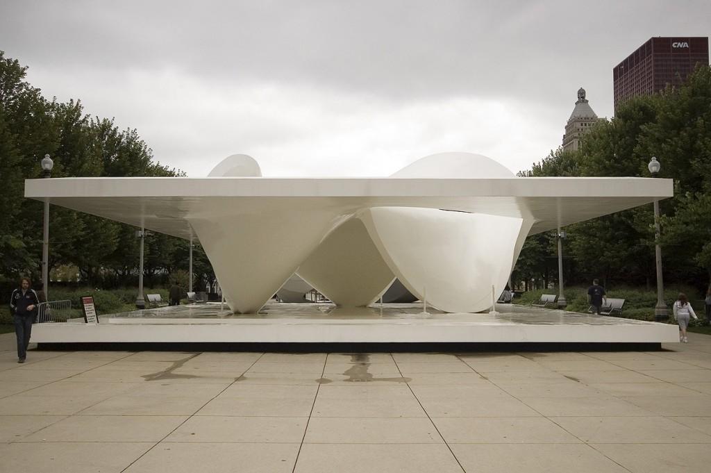 planes of a podium and a roof Programmatically the pavilion invites people to gather, walk around and through and to explore and observe The pavilion is sculptural, highly accessible, functioning as