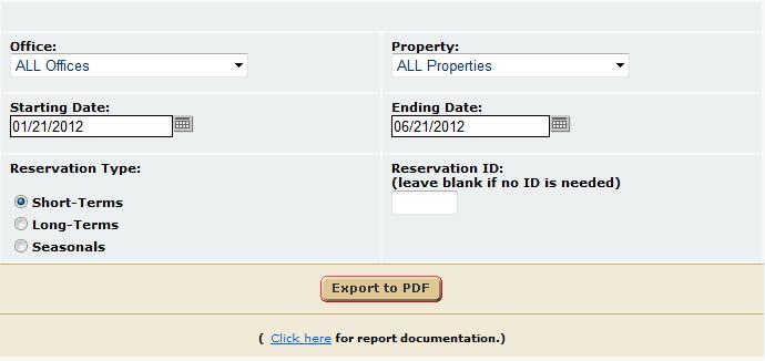 7. Office User can select to sort the report by property or key code. 8. Property User can select the property statuses to report. 9. Starting Date User can select the reporting start date time frame.