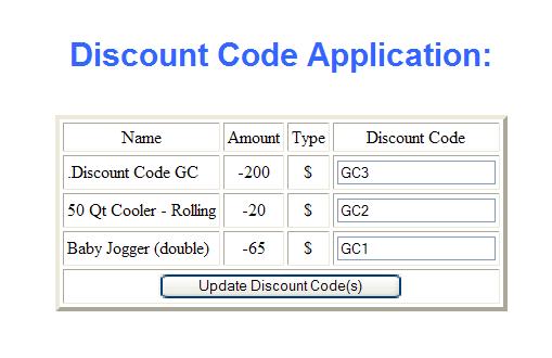 The screen lists the Name, Amount, Amount Type and the Discount Code. ONLY the discount code field can be changed. 5.