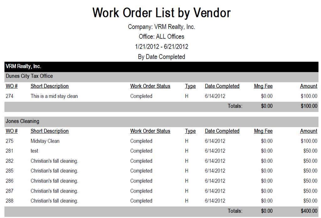 15. Vendor User can select a single vendor or all vendors. 16. Date Time Frame By User can select to query work orders by date completed, creation date, or required by date of the work order. 17.