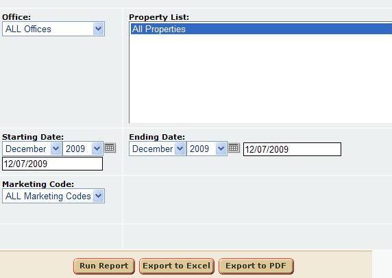 User can select: a.) Office - A Single Office or All Offices. b.) Property List Select a single property or all properties. c.) Starting Date Start Date of reservations set.