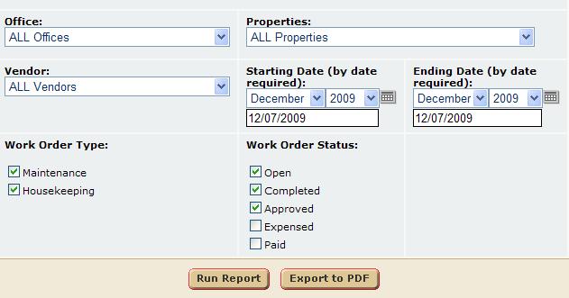 Location: Maintenance/Reports/click Reporting Services link/work Order Invoice Report Housekeeping/Reports/click Reporting Services link/ Work Order Invoice Report Parameters Screen: User can select: