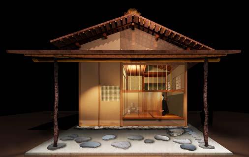 The exhibition will include a full-scale replica of Tai-an, allowing visitors to experience this famously small tea room of two tatami mats and low nijiriguchi entrance/exit.