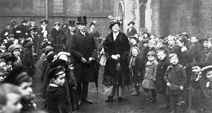 Billy Hughes and second wife Mary visit his old school St Stephen s (Burdett Coutts) of the House of Representatives (MHR) of the first Australian Federal Parliament in 1901.