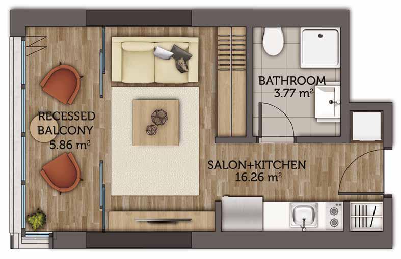 Flat Plans 1+0 Salon + Kitchen + Recessed Balcony 22.12 m 2 Bathroom 3.77 m 2 Flat s Gross Total m 2 41.