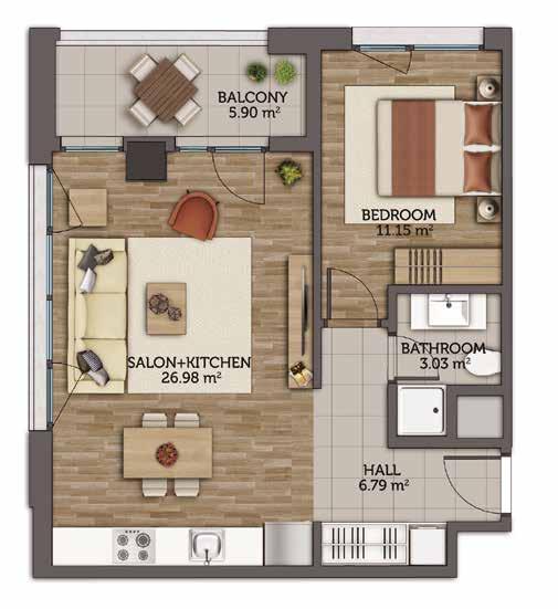 Flat Plans 1+1 Salon + Kitchen 26.98 m 2 Hall 6.79 m 2 Bedroom 11.15 m 2 Bathroom 3.03 m 2 Balcony 5.90 m 2 Flat s Gross Total m 2 81.