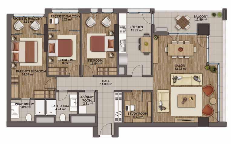 Flat Plans 3,5+1 Salon 32.22 m 2 Kitchen 11.95 m 2 Hall 14.09 m 2 Bedroom+Recessed Balcony 11.84 m 2 Bedroom 12.84 m 2 Parent s Bathroom 3.89 m 2 Bathroom 4.24 m 2 Balcony 12.89 m 2 Study Room 5.