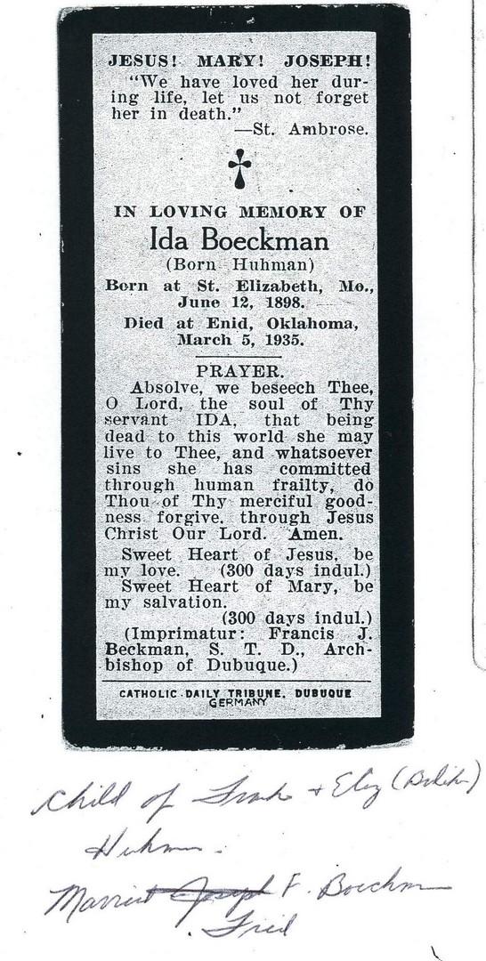 Perhaps same person as Joseph F. Boeckman? Frederick John (Fritz) BOECKMAN and Ida HUHMANN were married on 12 Sep 1916 in St. Elizabeth, Miller, Missouri, United States.